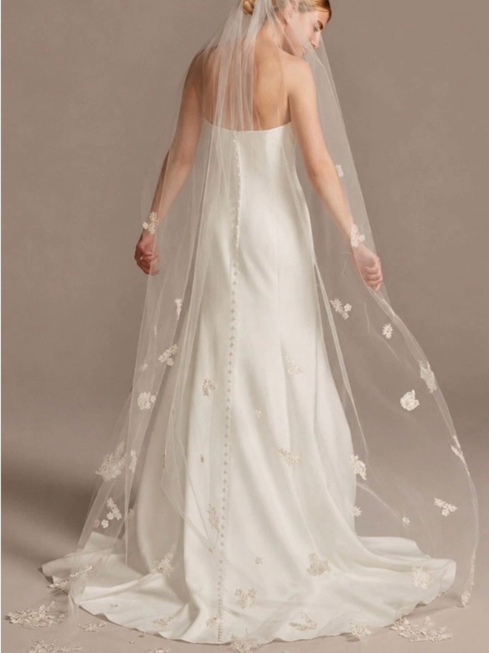 David’s bridal veil embellished with floral appliqués & sparkle  details V825